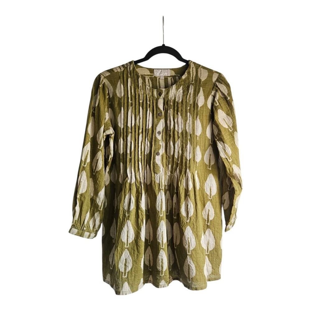 UTSA Womens Size M Blouse Olive Green 100% Cotton Leaf Pattern 3/4 Sleeve...